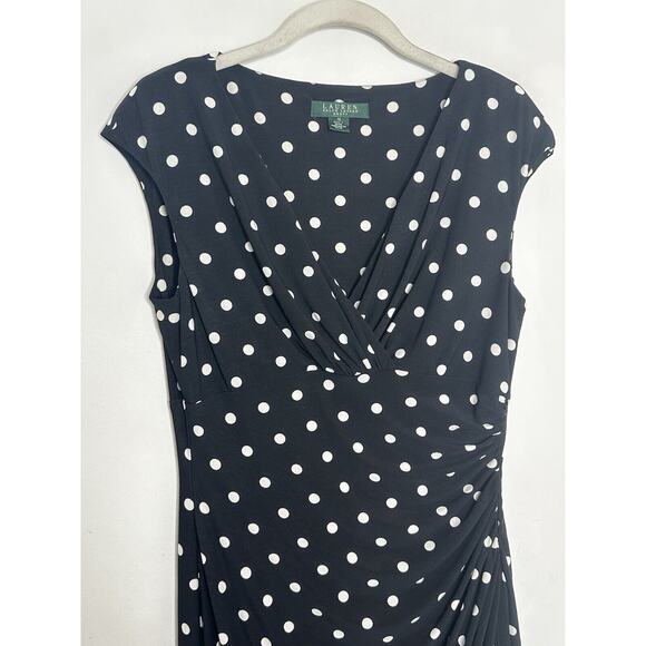 Lauren Ralph Lauren Women Polka Dot Surplice Faux Wrap Ruched Sheath Dress Sz 10 - Picture 3 of 6